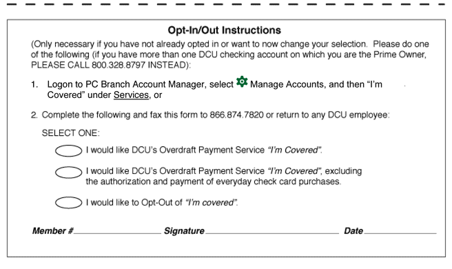 I'm Covered Overdraft Payment Service form