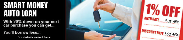 Smart Money Auto Loan. With 20% down on your next car purchase you can get... You'll borrow less... 1% off. For details select here.