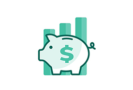 Icon of a piggy bank with a dollar symbol on its side, placed in front of rising bar chart graphics to represent saving or financial growth.
