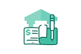Icon showing a document with a dollar sign, a pen, and a checkbook in front of a house symbol, representing financial paperwork or banking tasks.