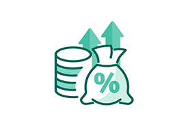 Icon showing a stack of coins and a money bag with a percent symbol, with upward arrows indicating financial growth or increased interest.