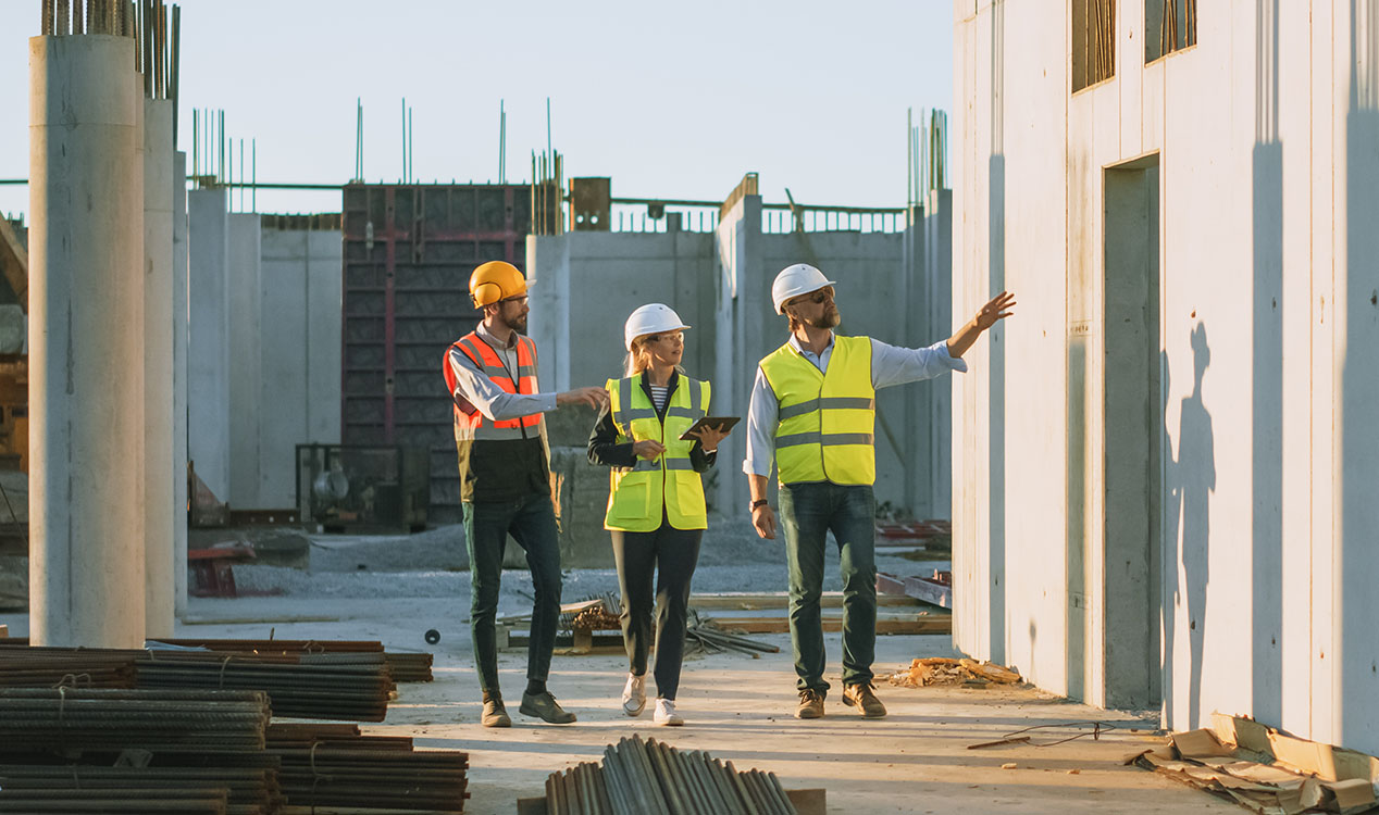 Three construction professionals in safety vests and hard hats walk through a building under construction while reviewing plans.
