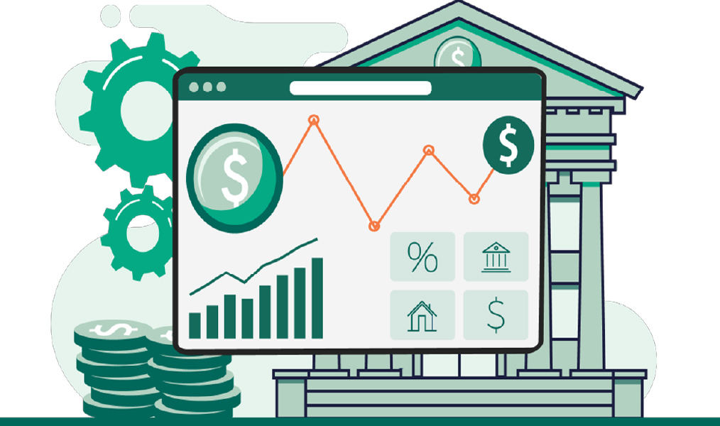 Illustration of a financial dashboard with charts, dollar icons, and rising graphs in front of a bank building, gears, and stacks of coins, symbolizing banking operations, investment performance, and financial analysis.