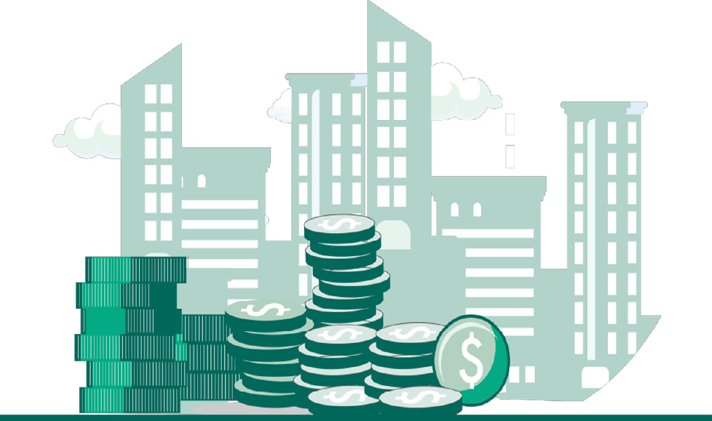 Illustration of stacks of coins with dollar symbols in the foreground and a simplified city skyline in the background, representing urban finance, investment growth, or accumulated wealth in a metropolitan setting.