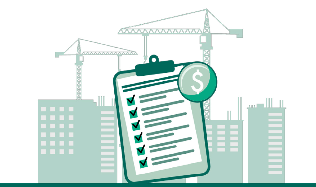 Illustration of a clipboard checklist with check marks and a dollar coin icon in front of a city skyline and construction cranes, symbolizing budgeting, cost planning, or financial approval for construction projects.