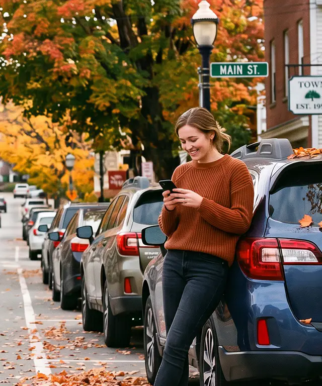 Person using phone beside parked car