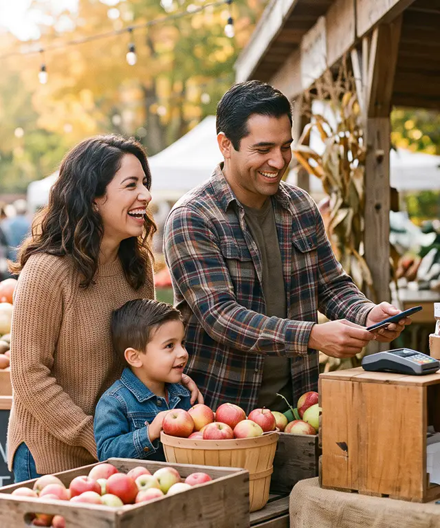 Family shopping at an outdoor farmers market