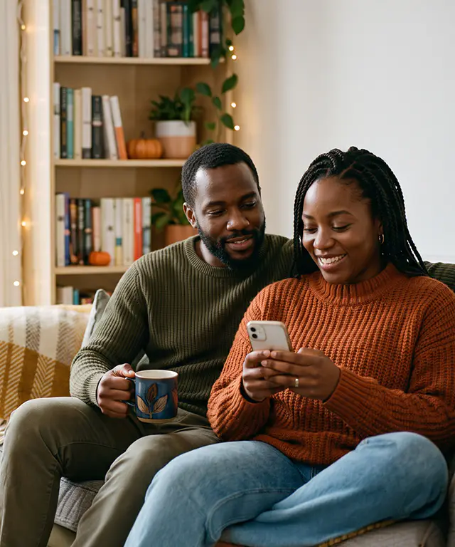 Couple checking phone while seated on couch