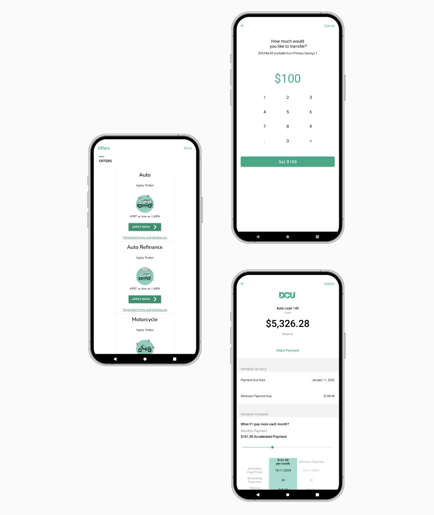 DCU Mobile App multiple screen examples - mobile view