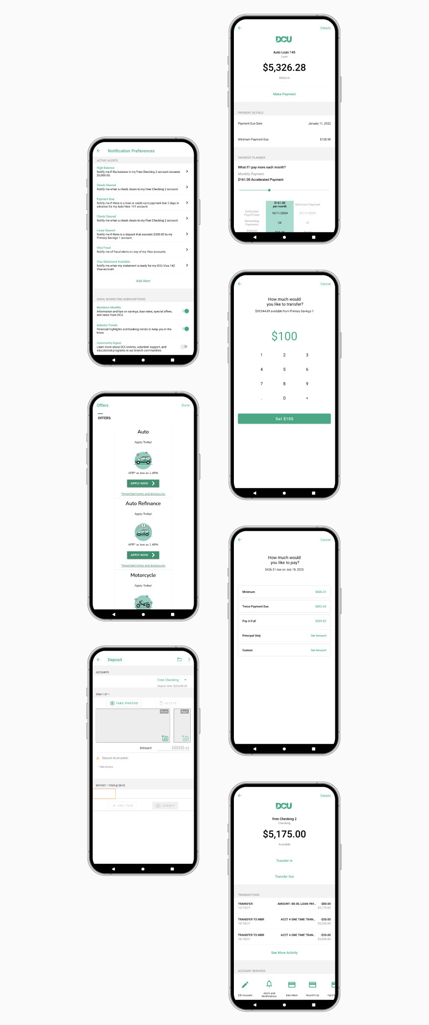 DCU Mobile App multiple screen examples