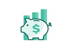 icon-primary-v3 Icon of a piggy bank with a dollar symbol on its side, placed in front of rising bar chart graphics to represent saving or financial growth.