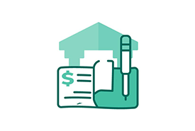 icon-checking-v3 Icon showing a document with a dollar sign, a pen, and a checkbook in front of a house symbol, representing financial paperwork or banking tasks.