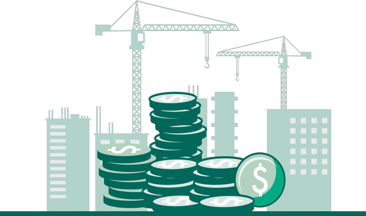 Illustration of stacks of dollar coins in front of a city skyline with tall construction cranes, symbolizing financial investment, project funding, or capital growth in urban construction and development.