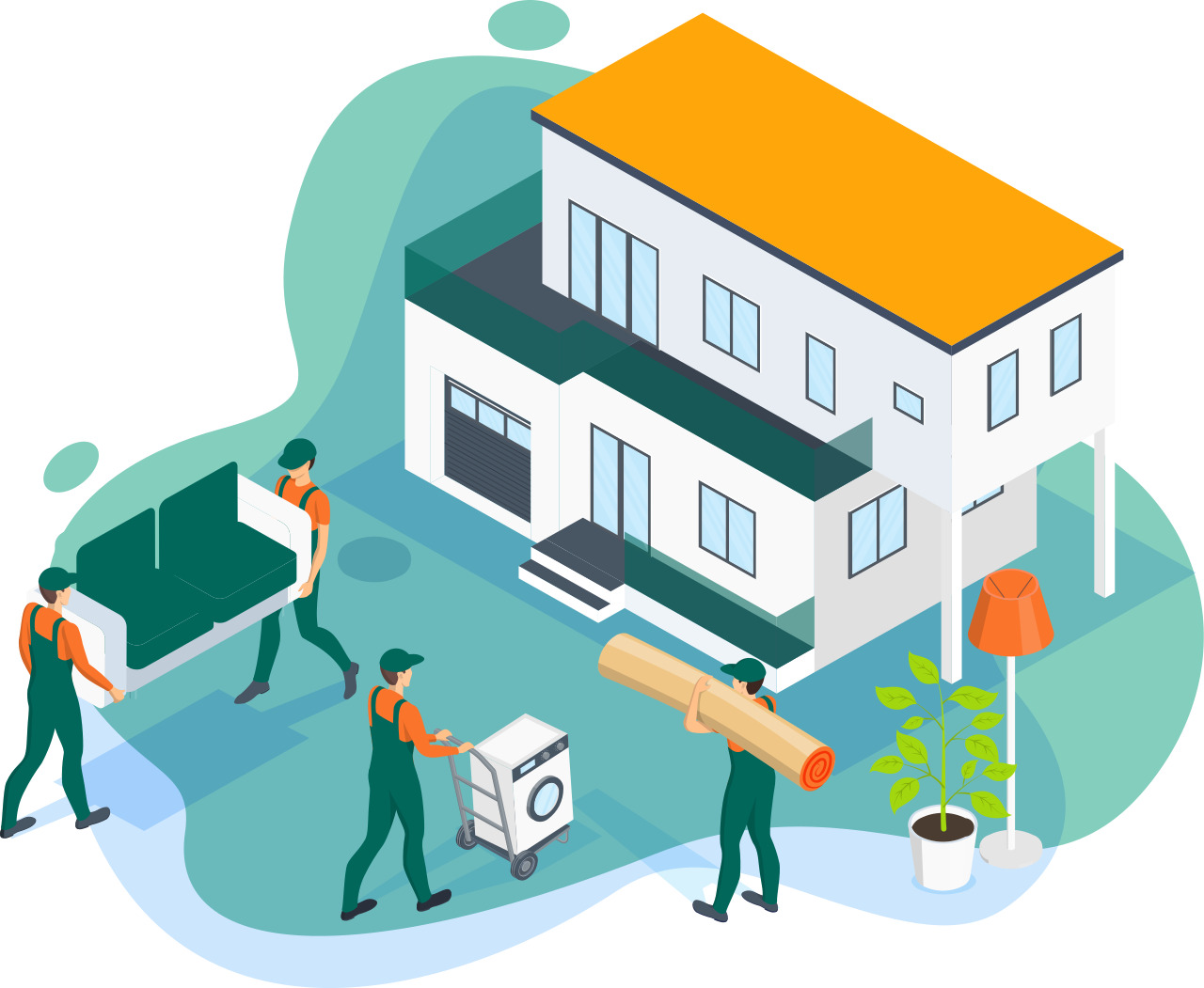 Illustration of several movers carrying furniture, a rolled rug, and an appliance toward a modern two‑story house with an orange roof, while boxes, a floor lamp, and a potted plant suggest a moving‑in scene.