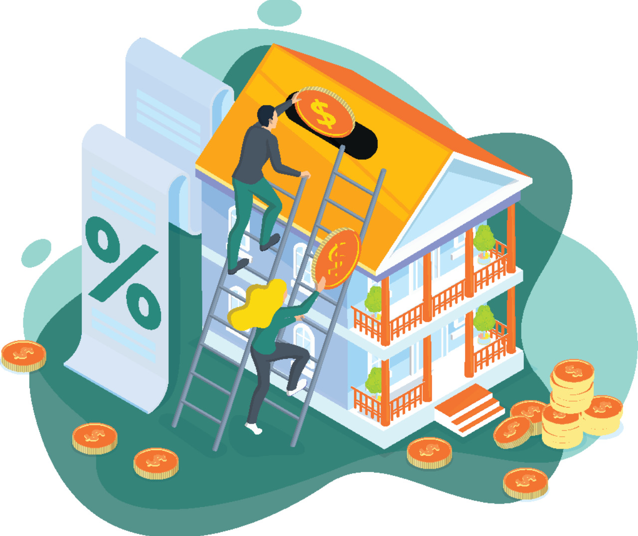 Illustration of two people climbing ladders to place large coins with dollar signs on a house roof, with a percent sign document and stacks of coins nearby, symbolizing mortgage costs, interest, or home investment.
