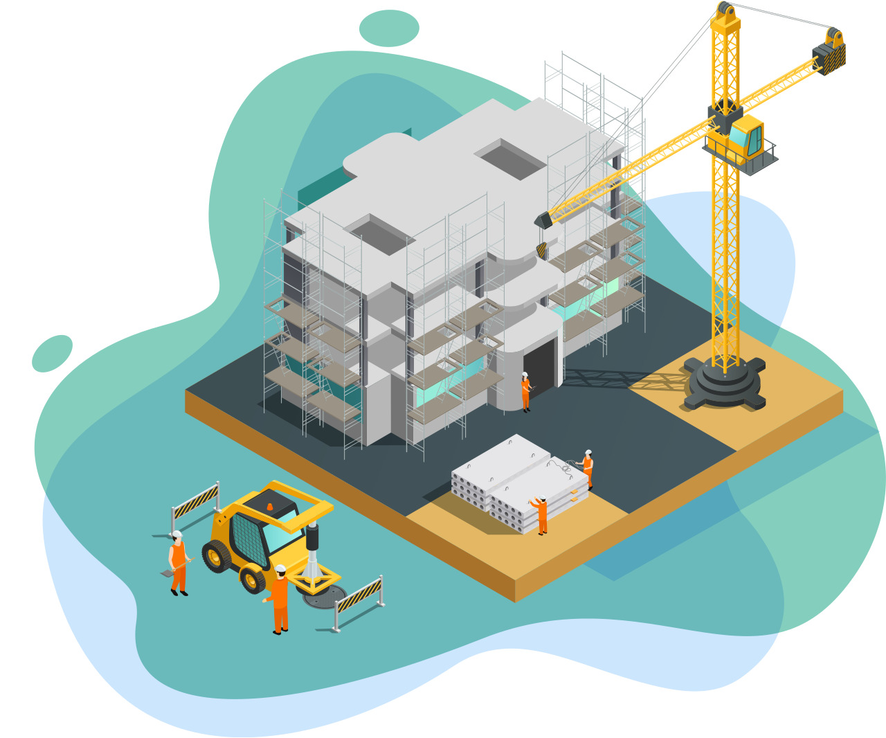Isometric illustration of a commercial building under construction with scaffolding, a tall yellow crane, construction equipment, and several workers on site, showing concrete panels, machinery, and safety barriers on a raised platform.