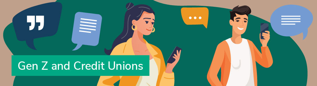 illustration of a woman and a man holding their phones with icons in the background and text gen z and credit unions