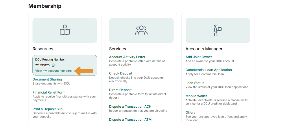 Membership tab screenshot with option to view account numbers